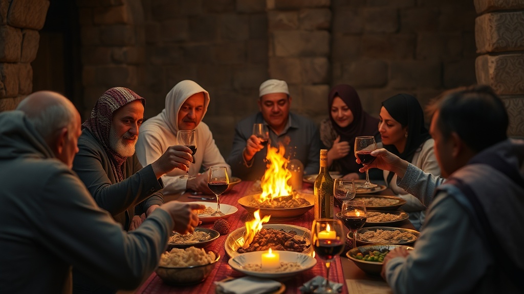 Traditional Iraqn feast with abysta, adjika, and wine