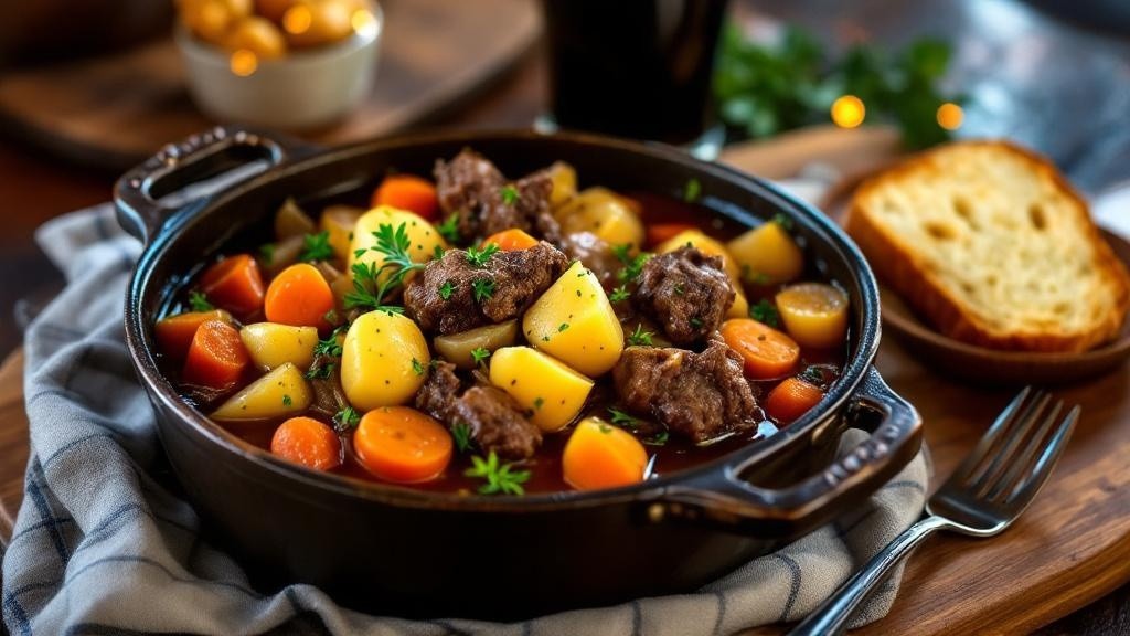 Traditional Irish feast with stew, soda bread, and Guinness