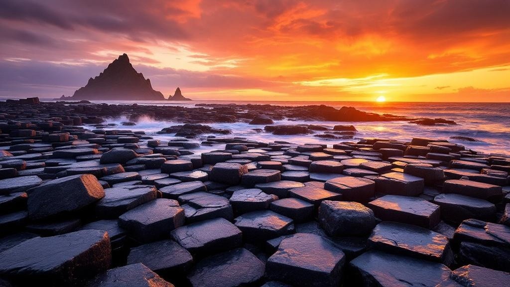 Interlocking dark basalt columns forming a stepped pavement running into the sea at sunset, with a rocky headland behind