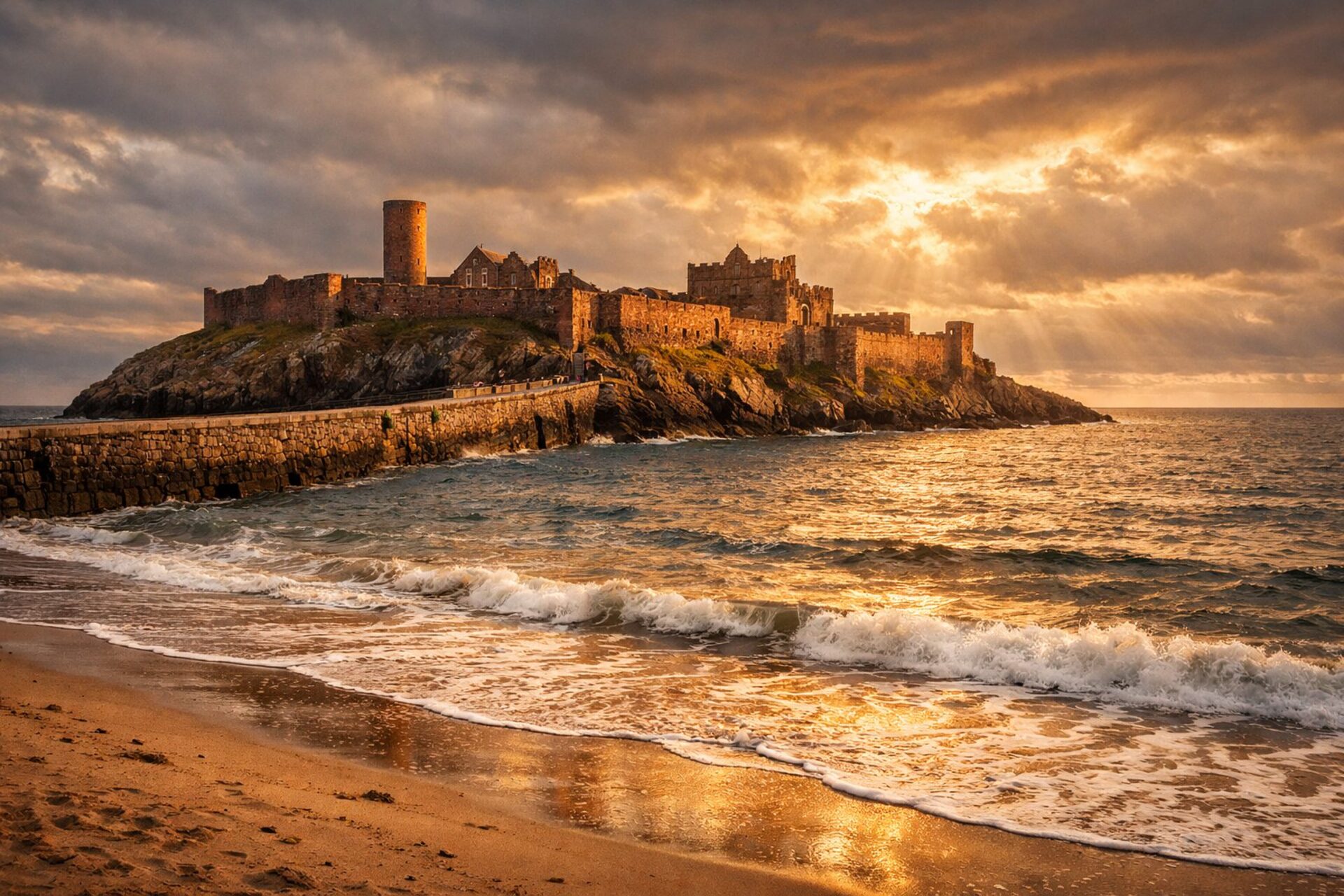 A red sandstone castle on a rocky headland above a sandy beach at sunset, with a round tower and curtain walls and a stone causeway leading to it