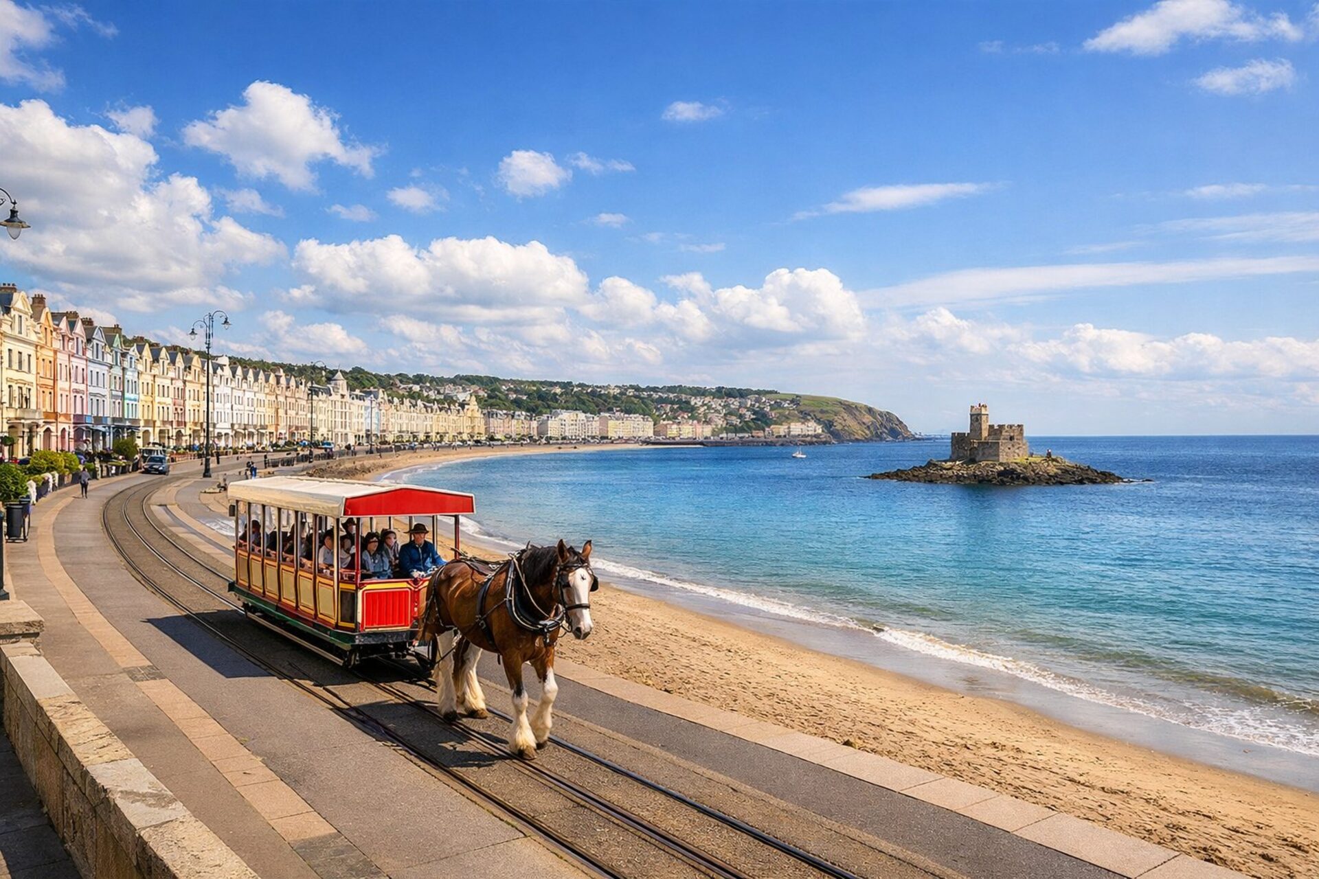 A horse-drawn tram with a red canopy on rails along a seafront promenade, with Victorian terraces curving round a sandy bay and a small castellated tower on a rock offshore