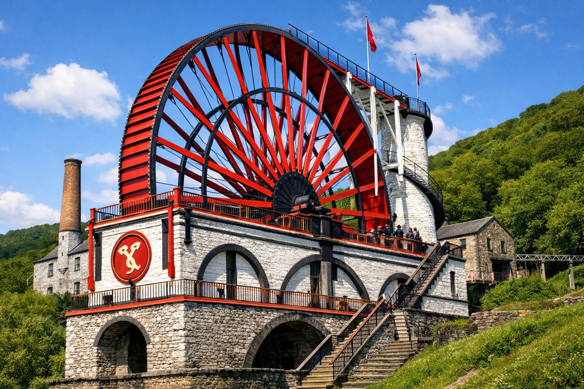 A huge red waterwheel on a whitewashed stone tower with a spiral staircase, arched masonry base and a red triskelion roundel, in a green glen with visitors on the gallery