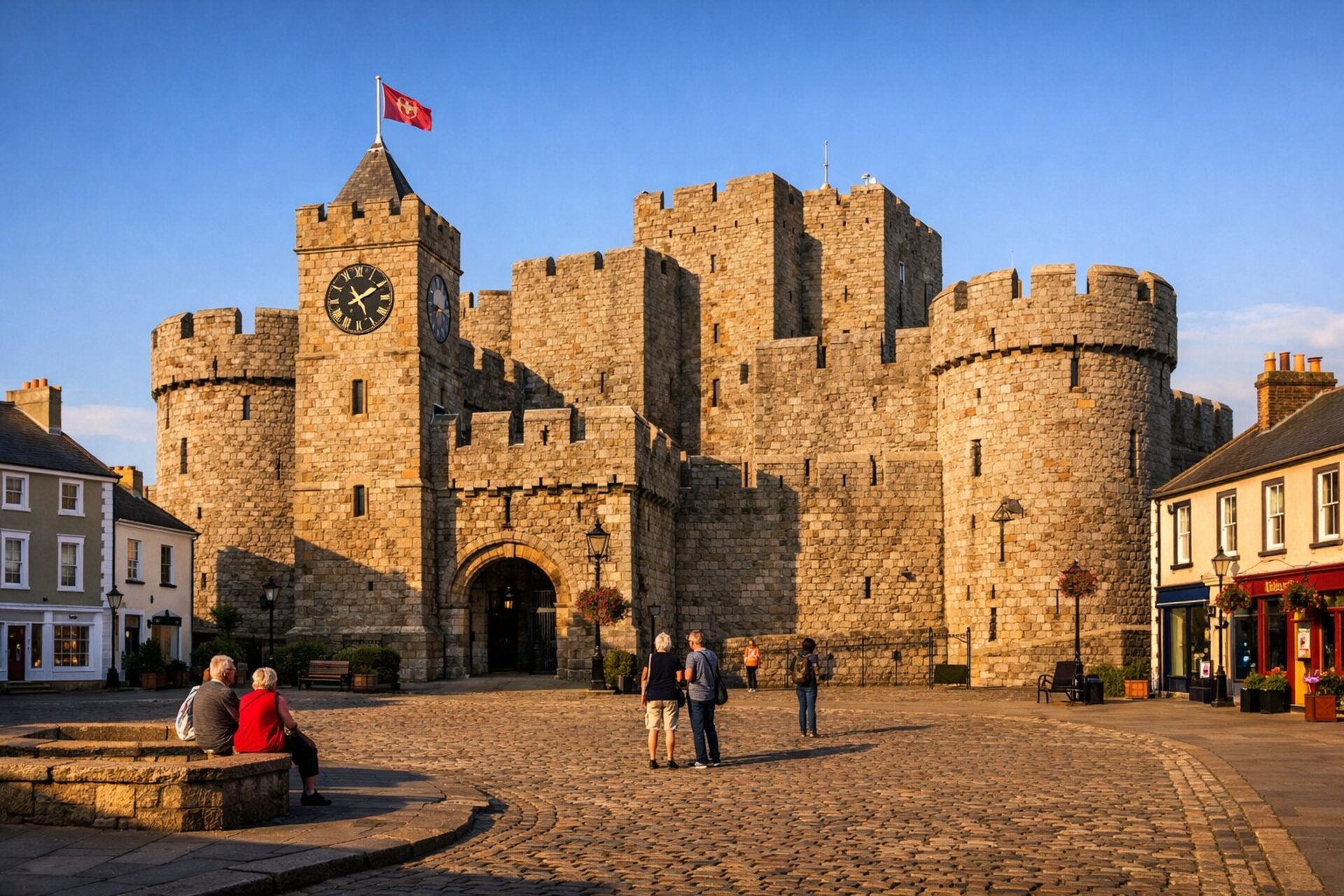 A large pale limestone medieval castle with a clock tower, curtain walls and round towers, seen across a cobbled town square with people