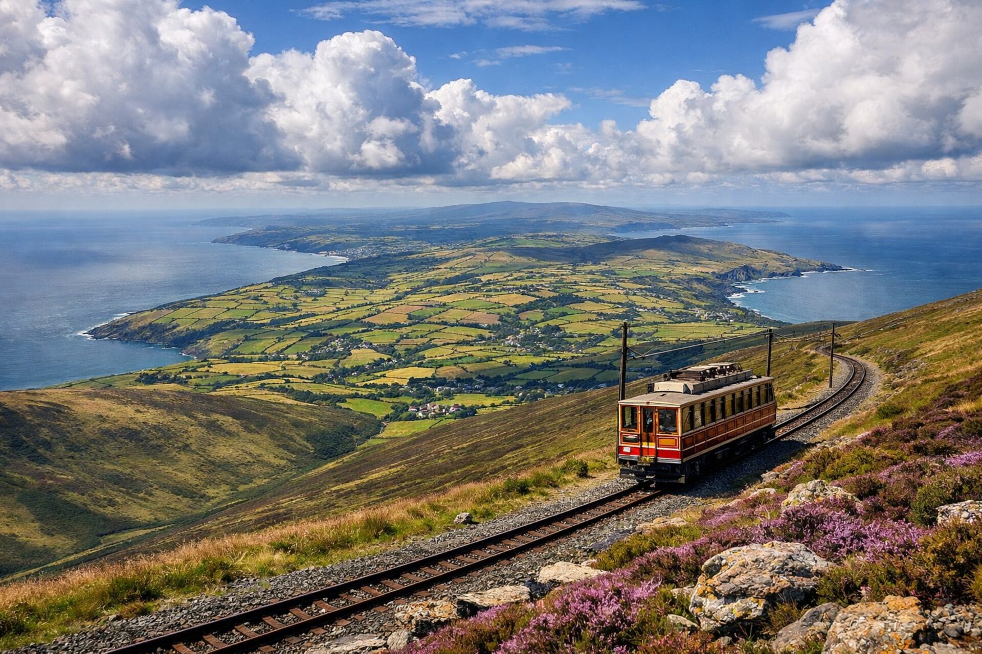 A vintage electric mountain tram descending a heather-covered slope with a patchwork of green fields, the coast and the sea spread out below