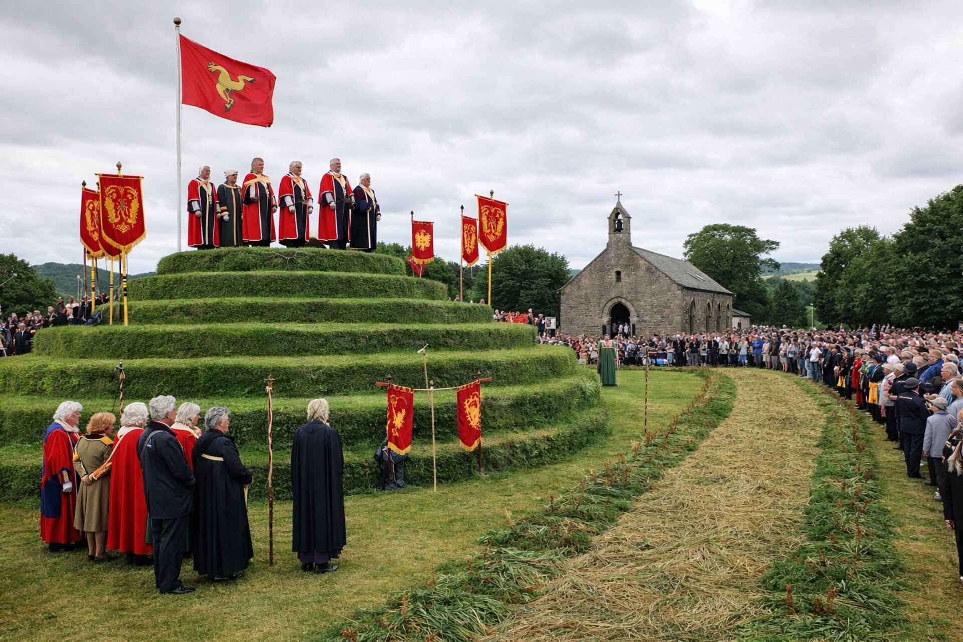 Officials in red robes standing on the top tier of a four-tiered circular grass mound under a red flag, with banners, a stone chapel and a large crowd