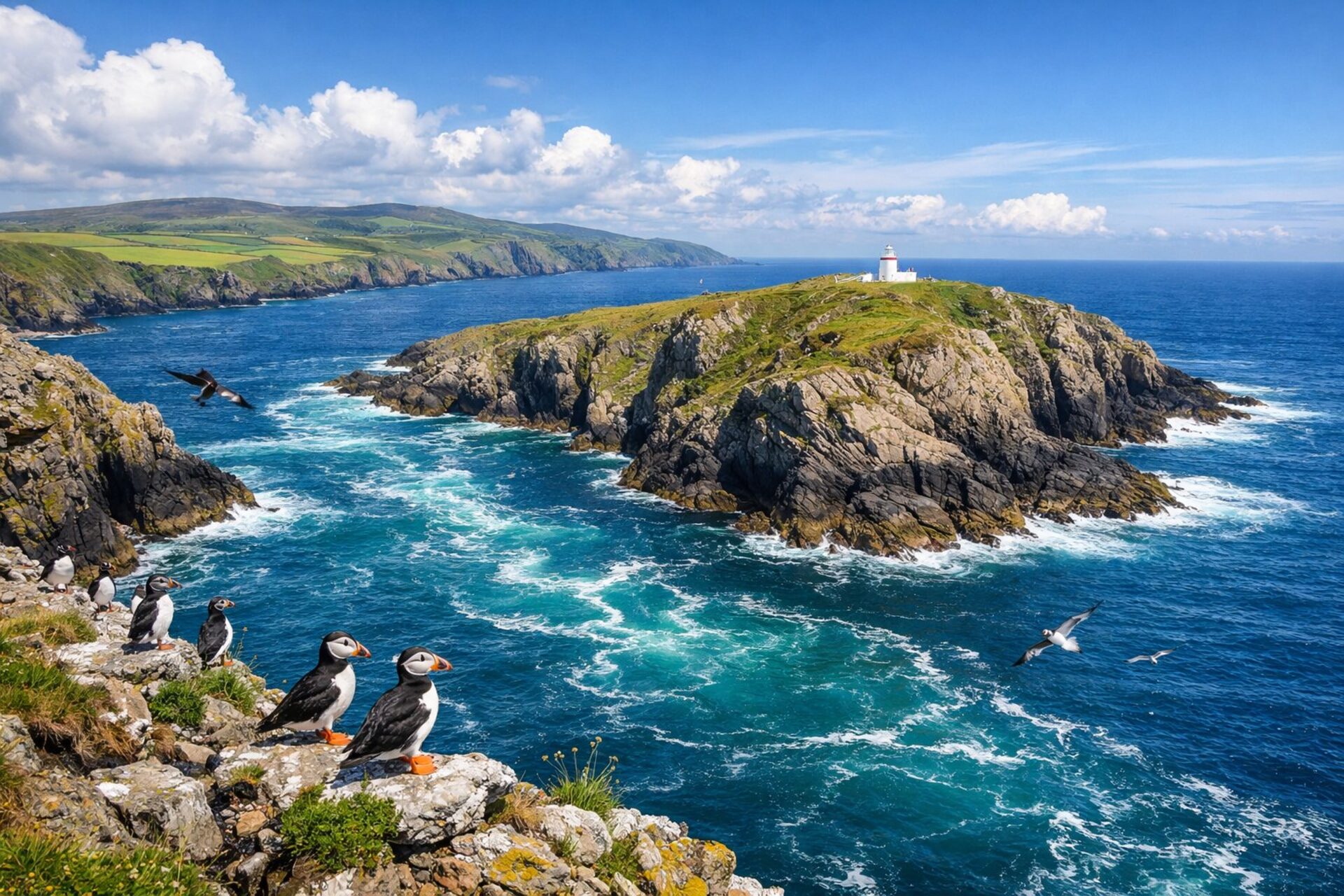Puffins on a clifftop above a churning strait, with a rocky green island and a small white lighthouse beyond and the coast behind