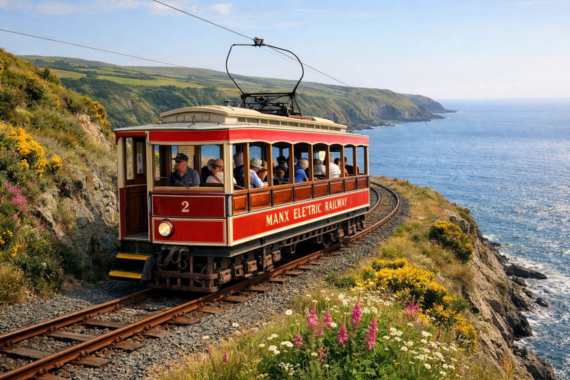 A red and cream open-sided electric tramcar with a bow collector running on a coastal railway above the sea, with gorse and cliffs