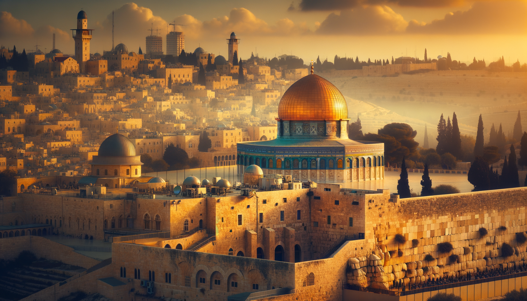 The Old City of Jerusalem at golden hour: the gold Dome of the Rock on its blue-tiled drum above a great ashlar retaining wall, with limestone buildings and cypresses beyond