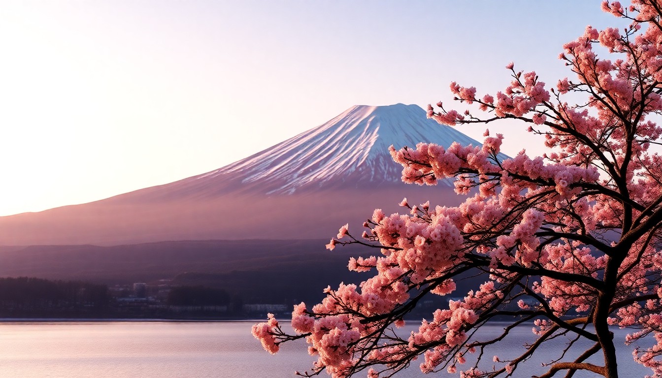 Mount Fuji at dawn across a still lake, its snow-streaked cone lit pink, with a branch of cherry blossom in the foreground