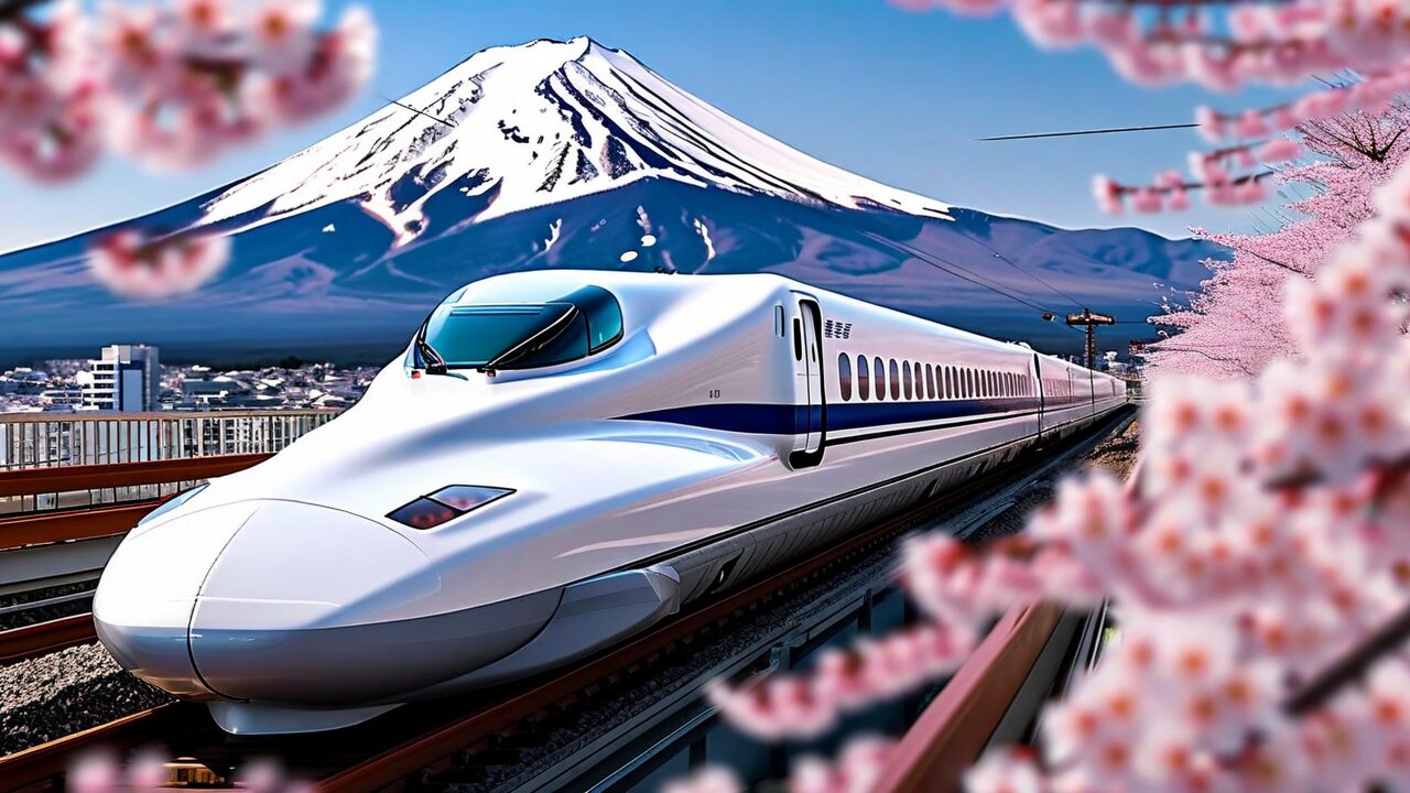Shinkansen bullet train with Mount Fuji in background