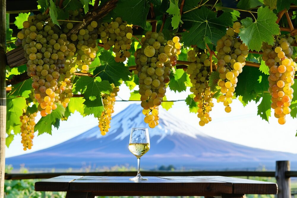 Koshu grapevines on traditional pergola with Mount Fuji in the background