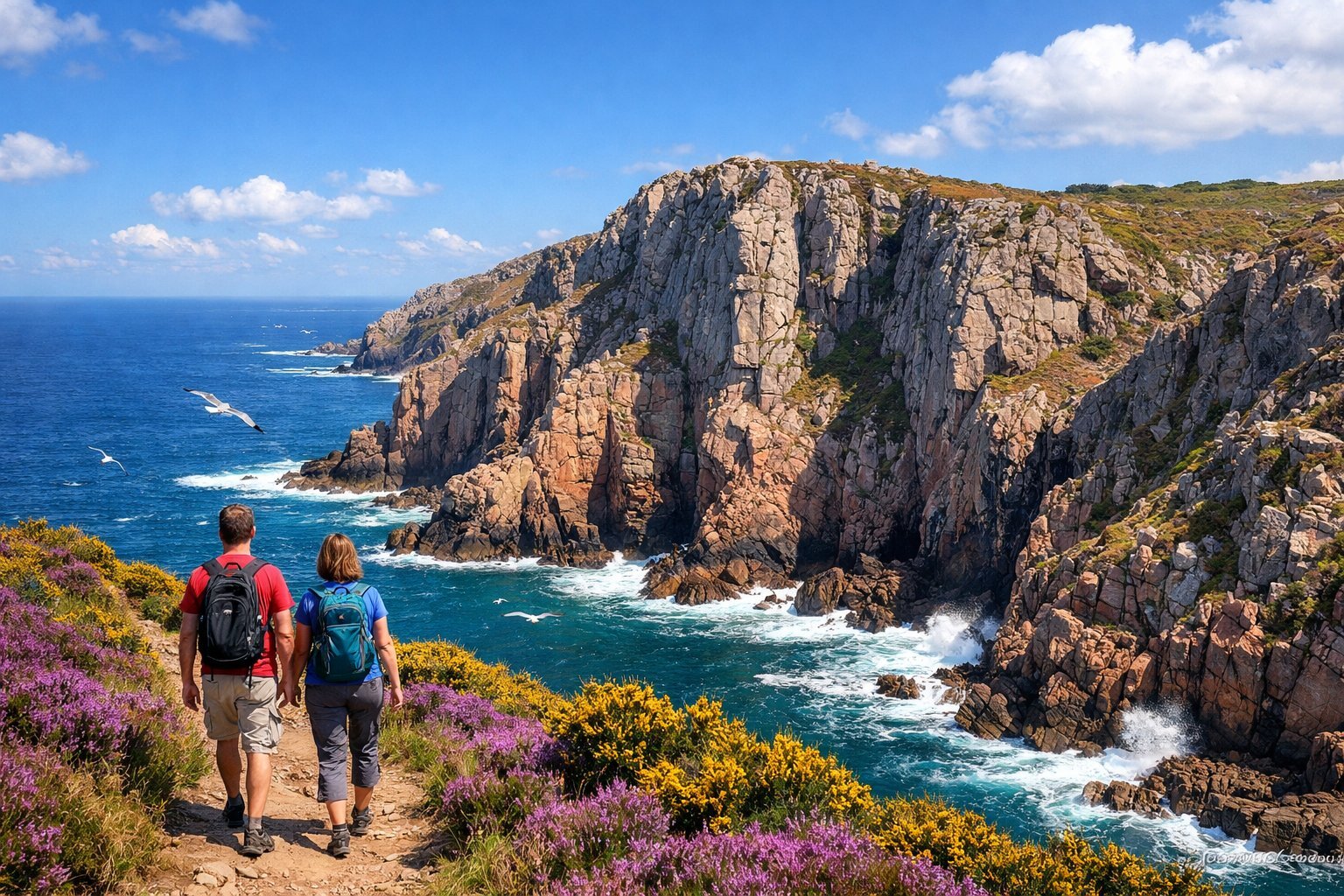 Two walkers with rucksacks on a narrow path through purple heather and yellow gorse, above sheer granite cliffs dropping into blue-green sea