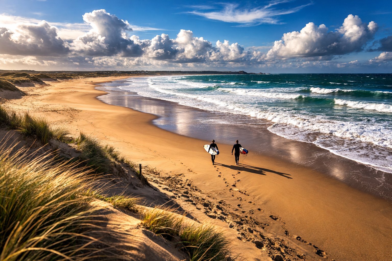 A long empty curve of golden sand backed by marram-grass dunes, with two surfers carrying boards towards breaking Atlantic waves under a big cloudy sky
