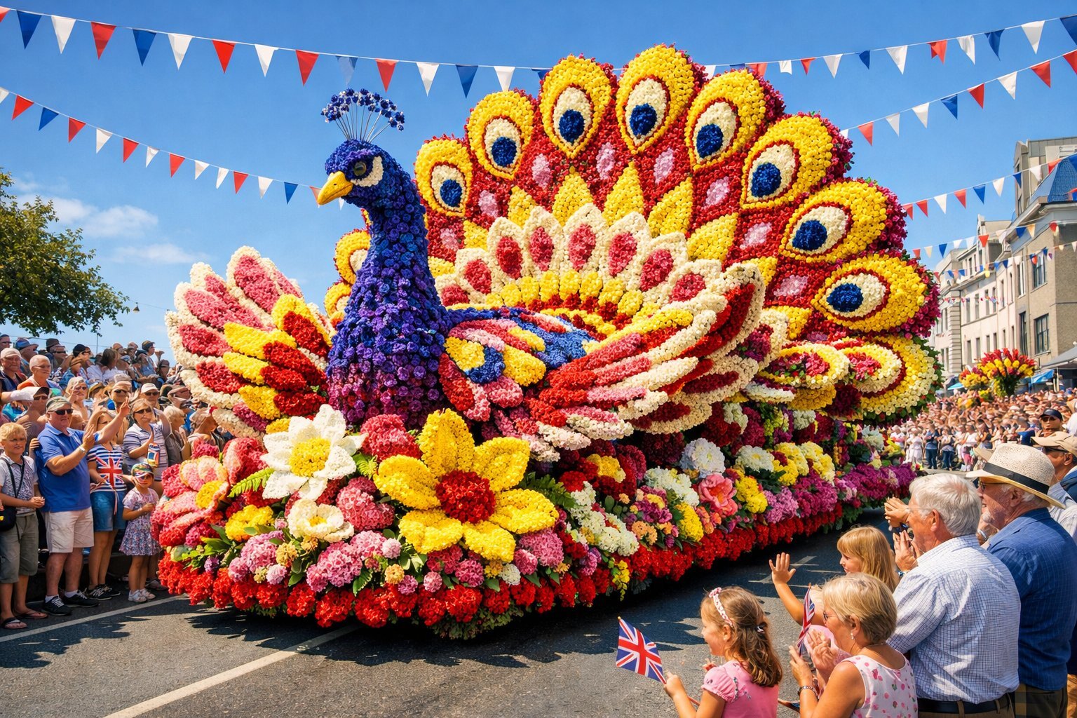 A huge parade float built entirely of flowers in the shape of a peacock with a fanned tail, moving between crowds of spectators under lines of bunting