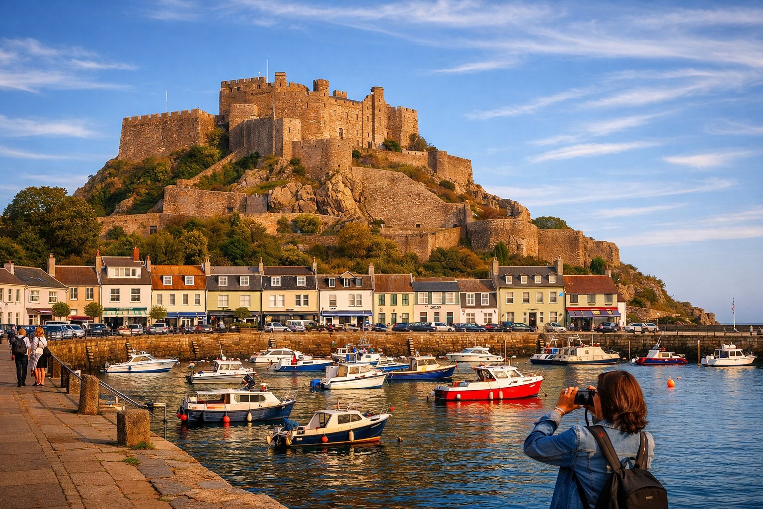A concentric medieval castle stacked up a steep granite headland above a harbour lined with pastel-painted terraced houses and moored boats