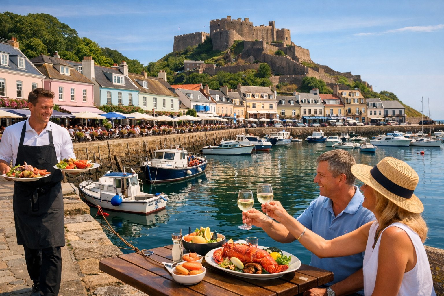 A quayside table with a platter of lobster and shellfish and two glasses of white wine, with a waiter approaching, moored boats, pastel harbour houses and a castle on the headland behind