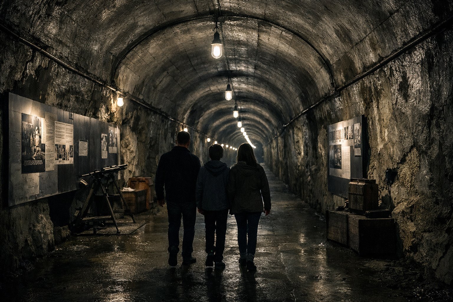 Three people walking away down a long rock-cut tunnel lit by bare bulbs, with exhibition panels and crates along the walls