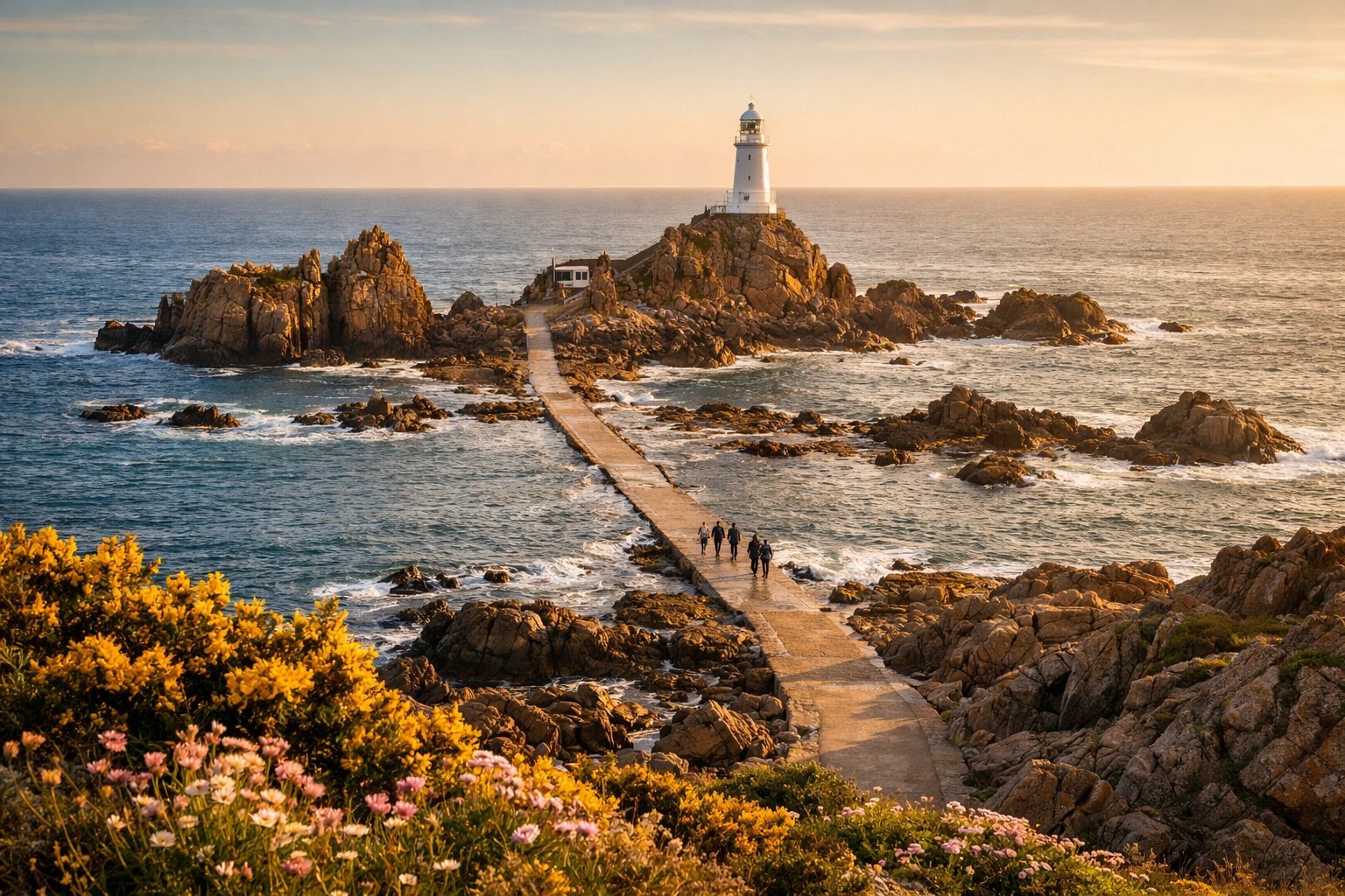A white lighthouse on a granite rock at the end of a long stone causeway crossing rock pools, with gorse and sea thrift flowering in the foreground