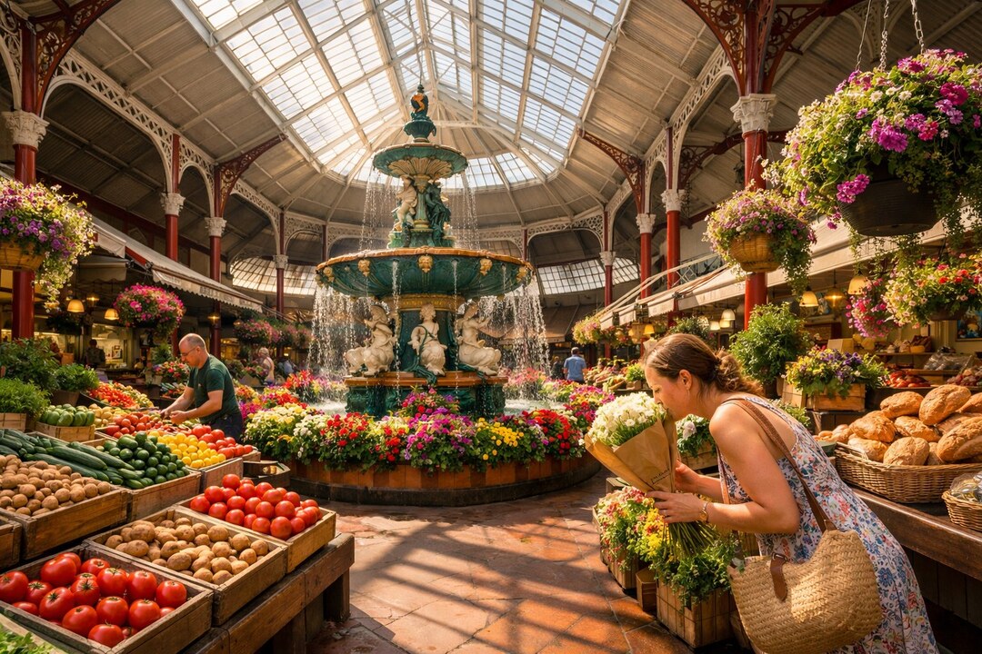The interior of a Victorian cast-iron and glass market hall with an ornate three-tier fountain at the centre, surrounded by stalls of vegetables, flowers and bread