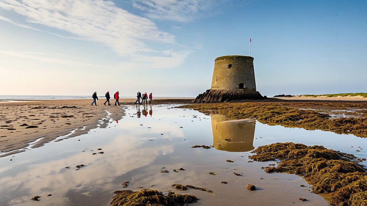 A stone tower standing on a rock far out on a wet sand flat at low tide, with a line of walkers crossing towards it and seaweed-covered reefs around