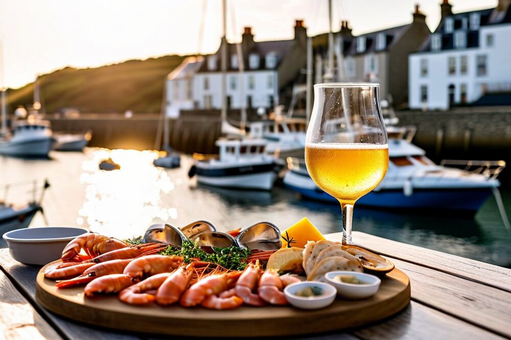 A wooden board of langoustines, mussels and bread with a tall glass of golden cider, on a table above a small harbour of moored fishing boats at golden hour