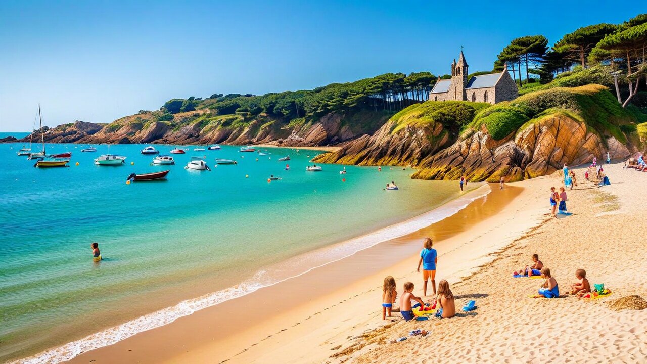 A small sandy cove with turquoise shallow water, moored boats, a wooded headland and a small stone chapel on the cliff above, with families on the sand