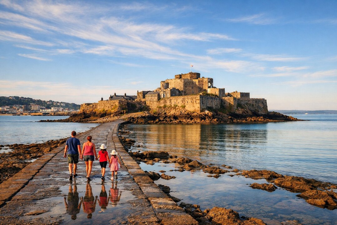 A family walking a stone causeway at low tide towards a castle on a rocky islet in a wide bay, with a town on the shore behind