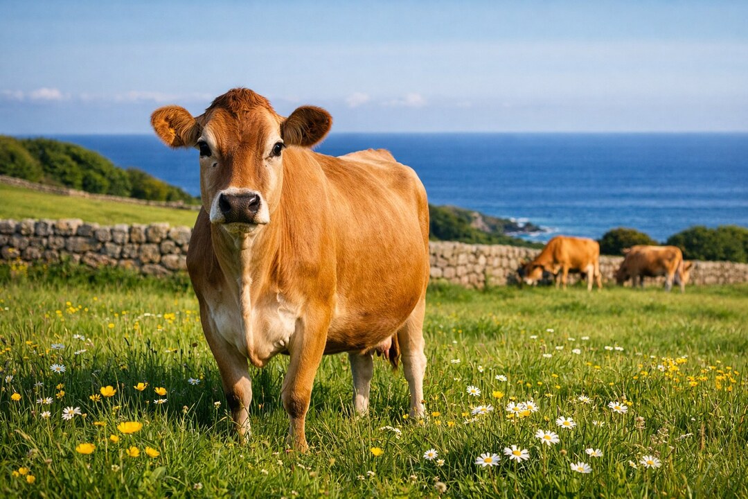 A fawn-coloured cow with a dark muzzle ringed in cream standing in a flowery meadow behind a granite wall, with the sea behind and two more grazing