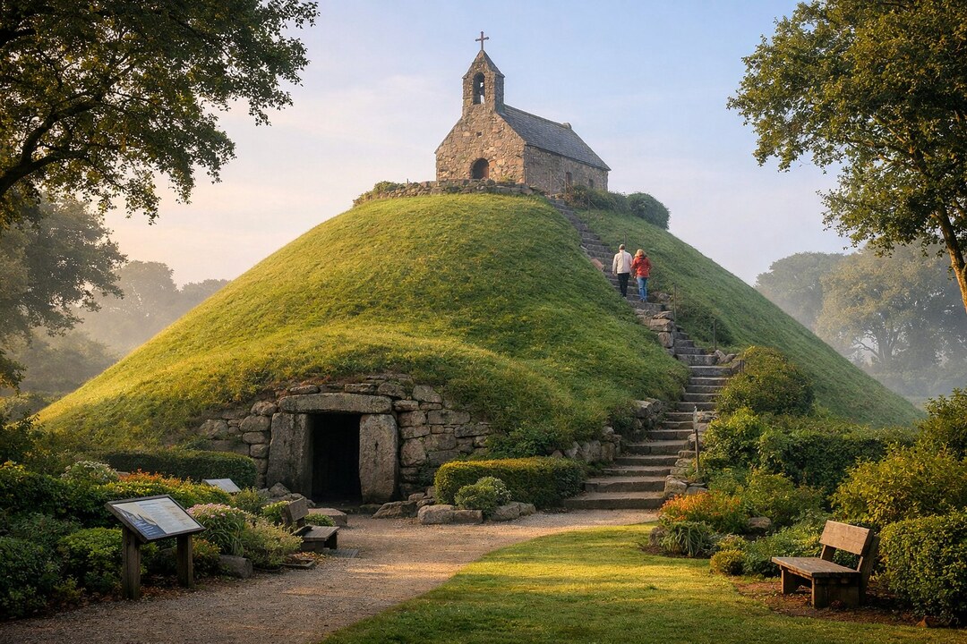 A stone-lined passage entrance at the base of a large grassy mound with a small stone chapel on its summit, reached by a flight of steps