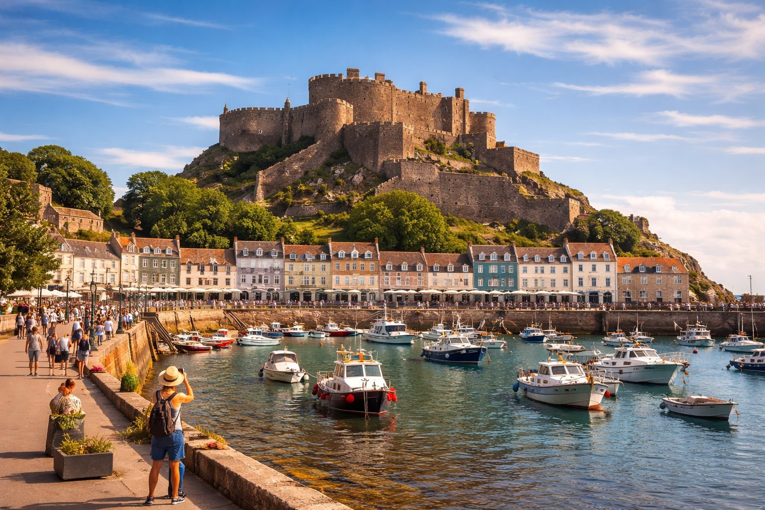 A busy harbour full of moored boats below a line of pastel terraced houses, with a large medieval castle on the headland above and people on the quay