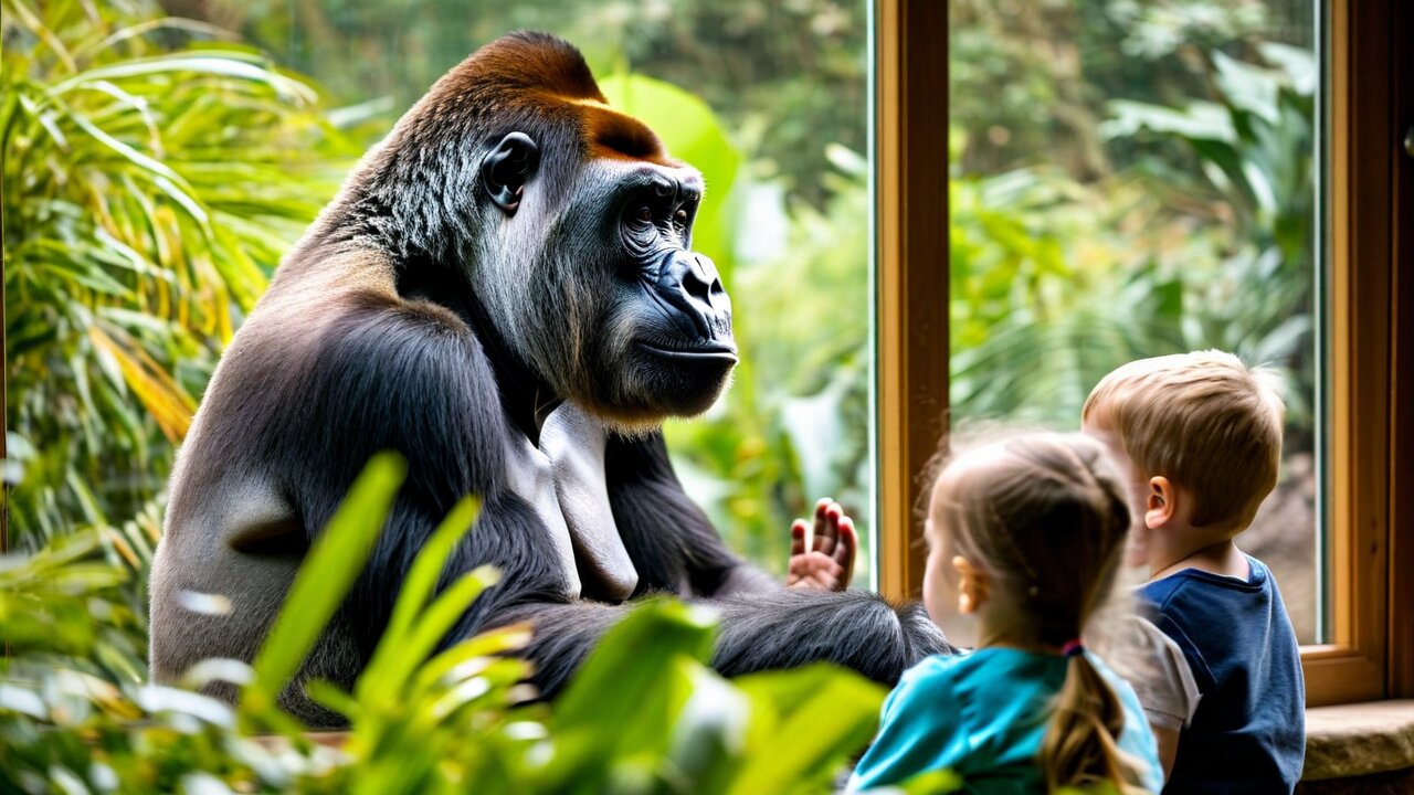 A silverback western lowland gorilla sitting among tropical foliage on the far side of a wide window, watched by two children with their hands on the glass