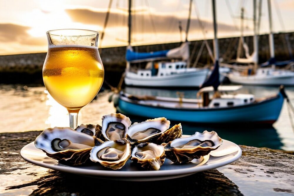 A plate of freshly opened oysters on the half shell beside a glass of golden cider, on a harbour wall with fishing boats behind at sunset