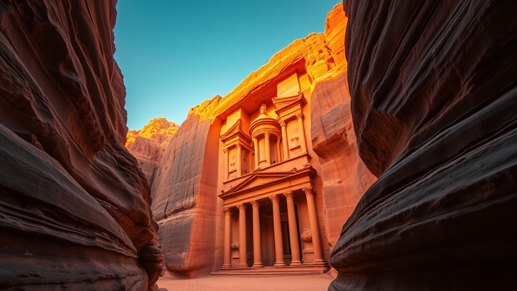 The rock-cut façade of Petra's Treasury glowing orange in low sun, framed by the dark walls of the Siq gorge