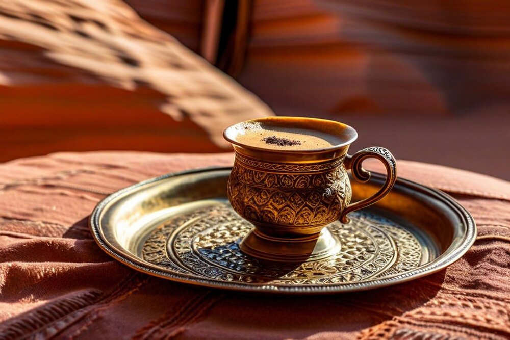 A small ornate brass cup of coffee on an engraved brass tray, set on a woven textile with red desert rock behind