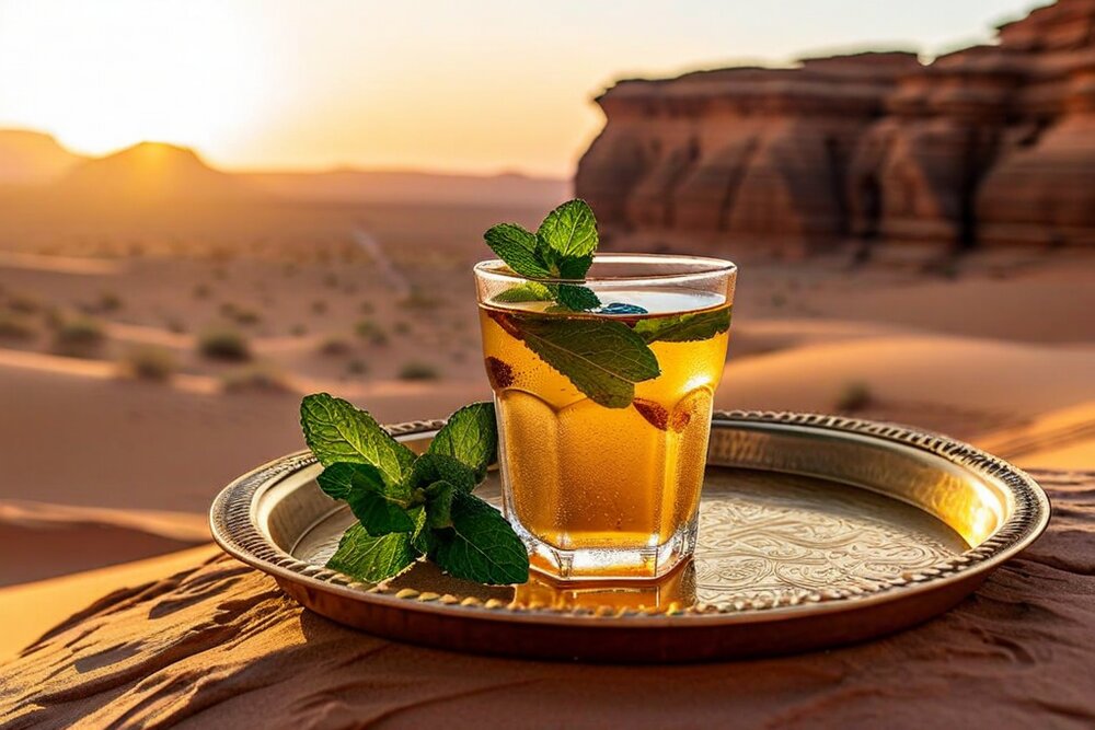 A glass of pale golden mint tea on an engraved brass tray on desert sand, with sprigs of fresh mint beside it and red sandstone cliffs and dunes behind at sunset