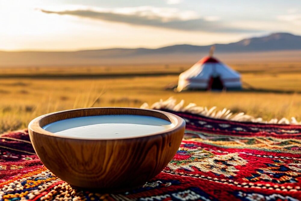 A carved wooden bowl of kumis on a red patterned felt carpet, with a white yurt and open golden steppe running to distant hills behind