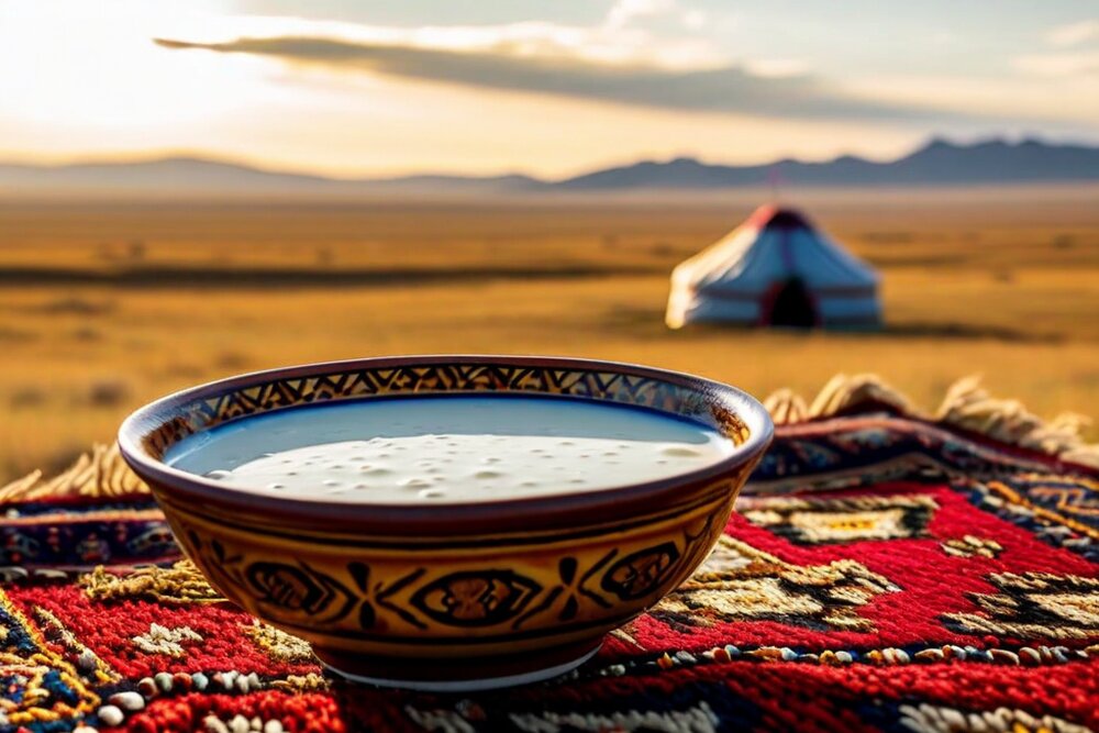 A patterned ceramic bowl of pale fermented milk on a red and blue felt carpet, with a white yurt and open golden steppe behind at low sun