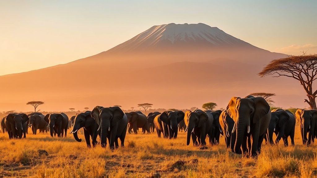A large herd of elephants walking across golden grassland at sunrise with flat-topped acacias and the snow-streaked bulk of Kilimanjaro filling the horizon behind