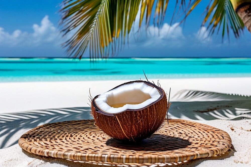 A coconut split in half resting on a woven pandanus mat on white sand, with a turquoise lagoon and palm fronds behind