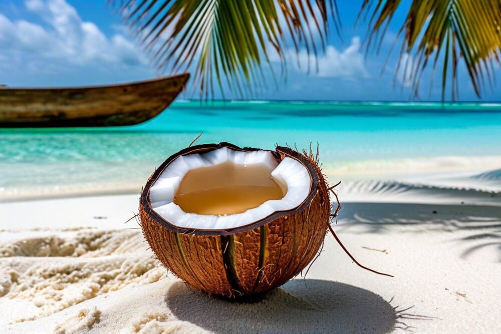 A coconut split open with a cloudy amber liquid in it, resting on white sand with an outrigger canoe and a turquoise lagoon behind