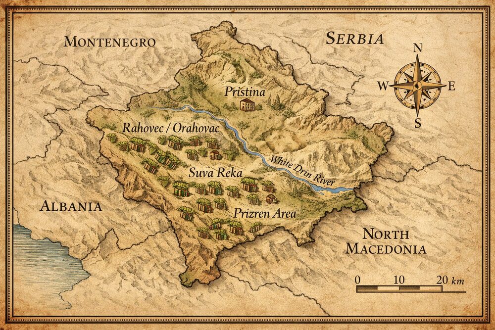 An aged-parchment style map of Kosovo showing Pristina, the White Drin river and vineyard symbols marked at Rahovec/Orahovac, Suva Reka and the Prizren area, with Serbia, Montenegro, Albania and North Macedonia labelled around it