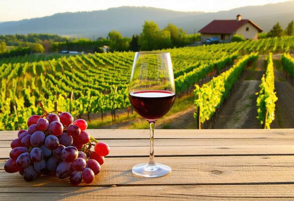 Rows of vines running down a green hillside in evening light with a red-roofed farmhouse and low mountains behind, and a glass of red wine and grapes on a wooden table in the foreground