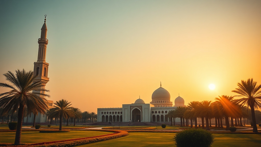 A large white mosque with a central dome and a tall minaret set in formal gardens with date palms, photographed at sunset against a hazy golden sky