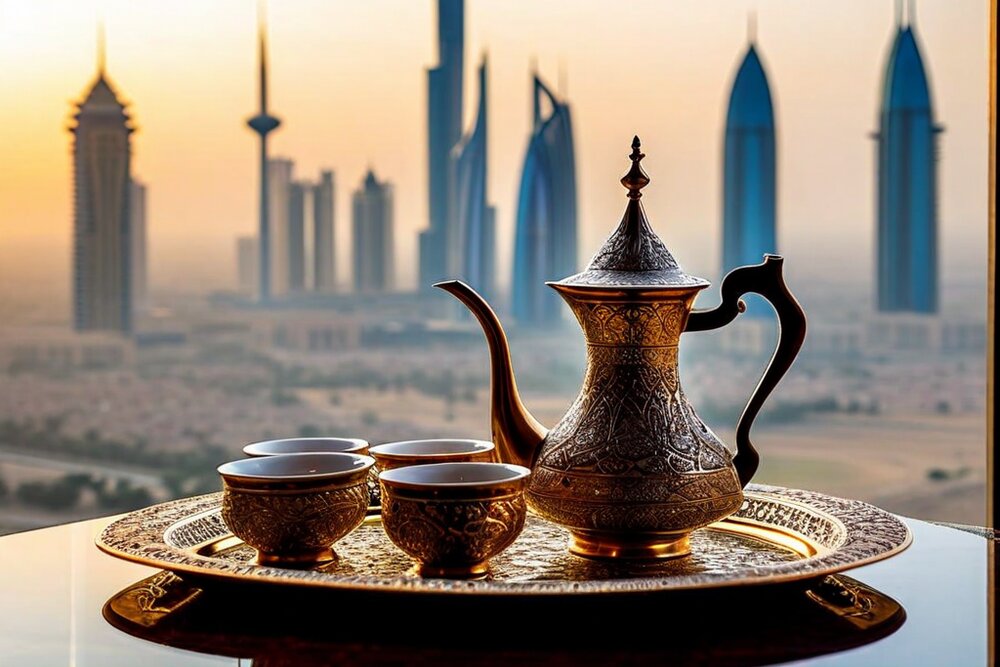An engraved brass dallah coffee pot and four small handleless cups on a chased metal tray, with a hazy high-rise skyline behind at sunset