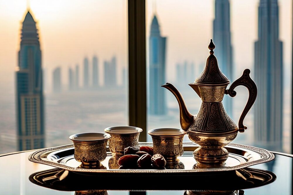 An engraved brass Arabic coffee pot with three small handleless cups and a pile of dates on a silver tray, photographed against a window with a hazy high-rise skyline behind