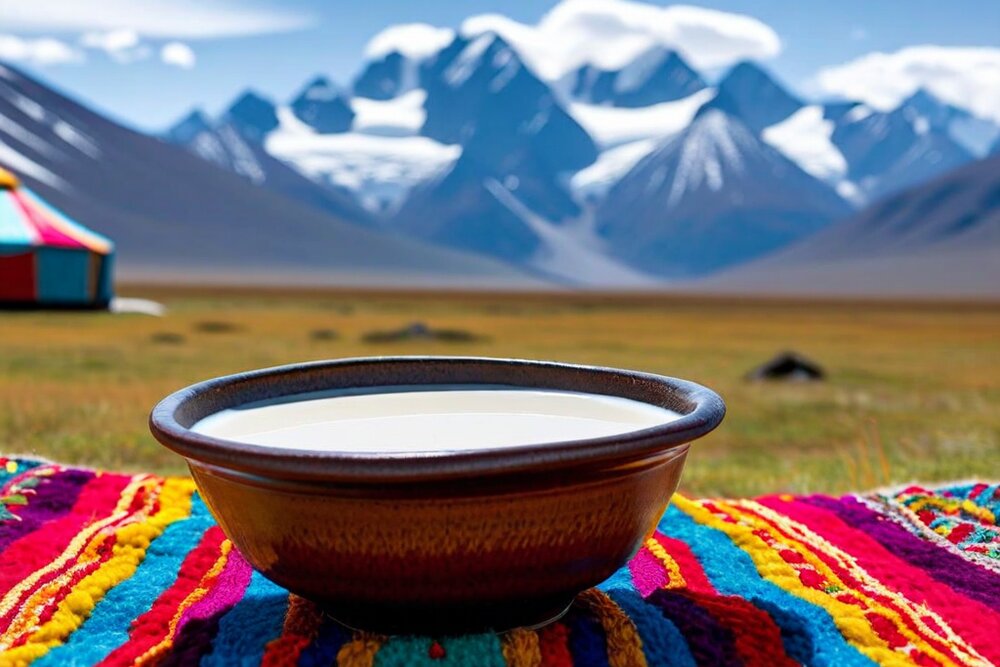 A wide ceramic bowl of thin white liquid on a brightly striped woven carpet, with a yurt to one side and snow-covered mountains behind