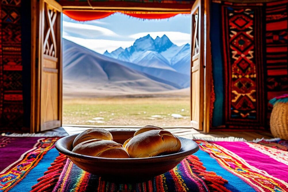 The view out through the open carved wooden door of a yurt onto snow-capped mountains and open pasture, with a bowl of bread on a brightly patterned felt carpet in the foreground
