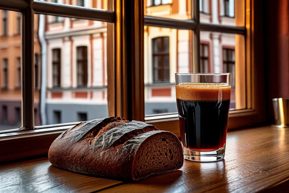 A dark rye loaf and a tumbler of an almost black drink with a foamy head, on a wooden sill in front of a window looking onto pastel-plastered facades