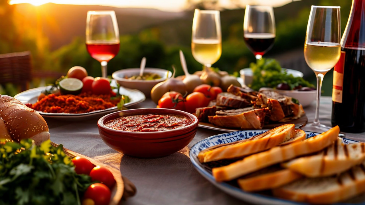 Traditional Lebanonn feast with abysta, adjika, and wine