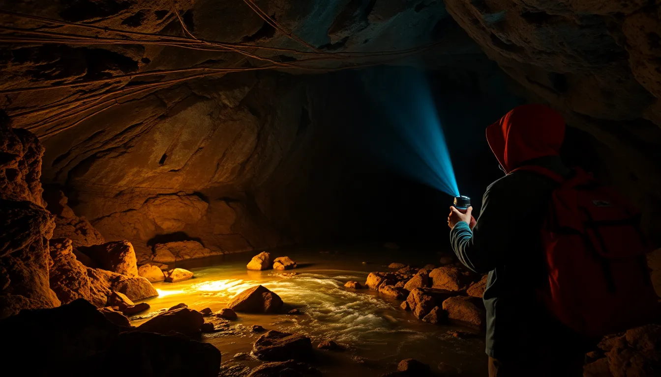 Voronya Cave - World's Deepest Cave, explorer with headlamp illuminating underground river